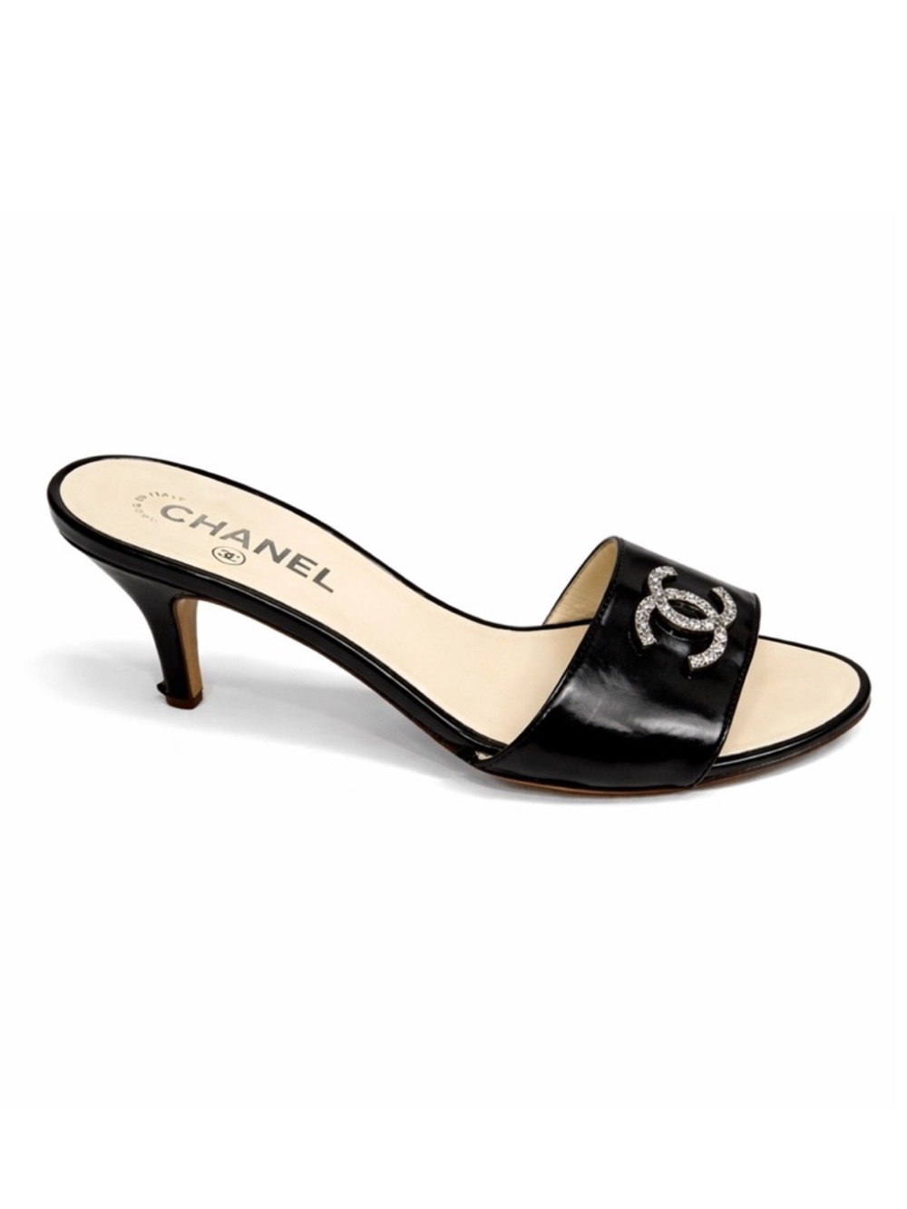 CHANEL Black Patent Leather CC Logo Kitten Heel Mules Size 39